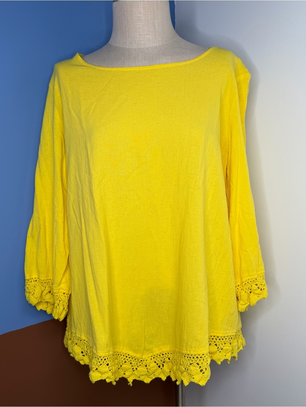 Soft Surroundings Women's Yellow Crochet Rialto Gauze Top Blouse Size XL